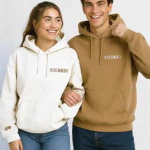 Roman Numeral Embroidered Matching Hoodie For Couples