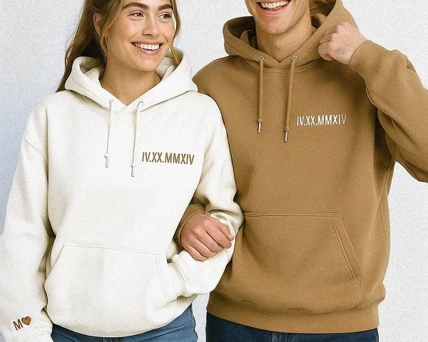Roman Numeral Embroidered Matching Hoodie For Couples